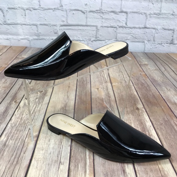 black patent leather mules